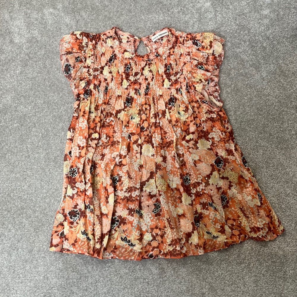 Ulla Johnson Blouse Womens Size 0 Orange Floral Silk Smocked Metallic Top - Picture 6 of 13